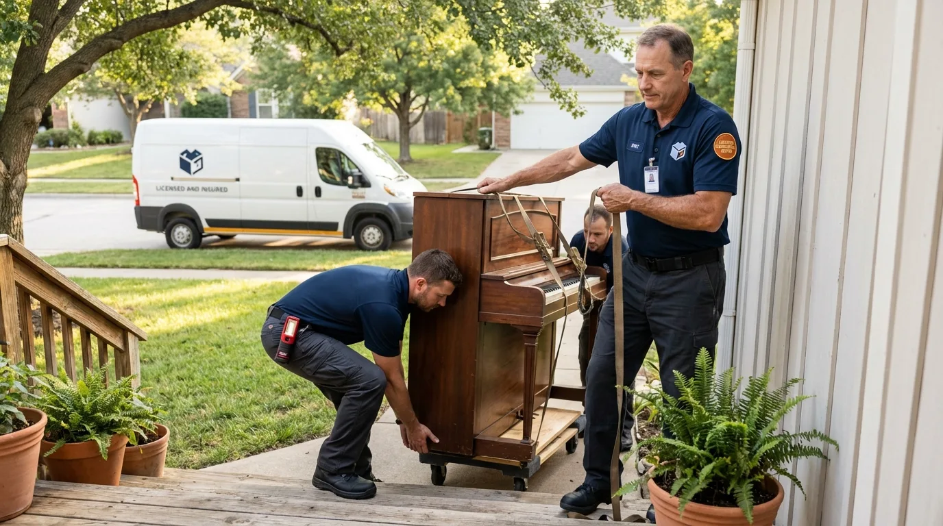 Licensed piano movers securing grand piano in Bear Creek, AL