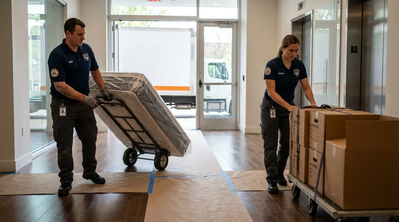 Professional apartment movers loading elevator in Bear Creek, AL